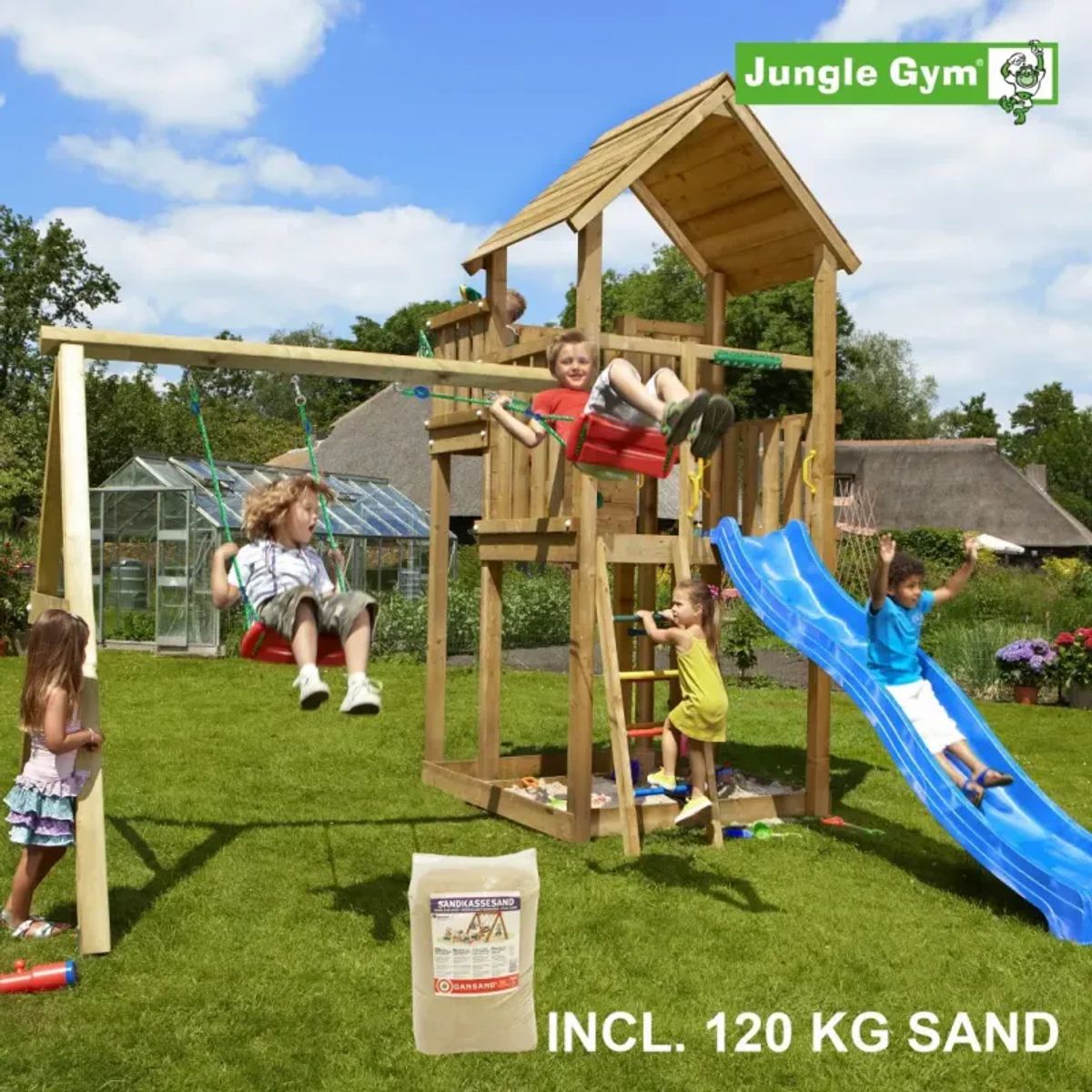 Jungle Gym Palace legetårn komplet inkl. swing module xtra, 120 kg sand og blå rutschebane - 804-276SXSB