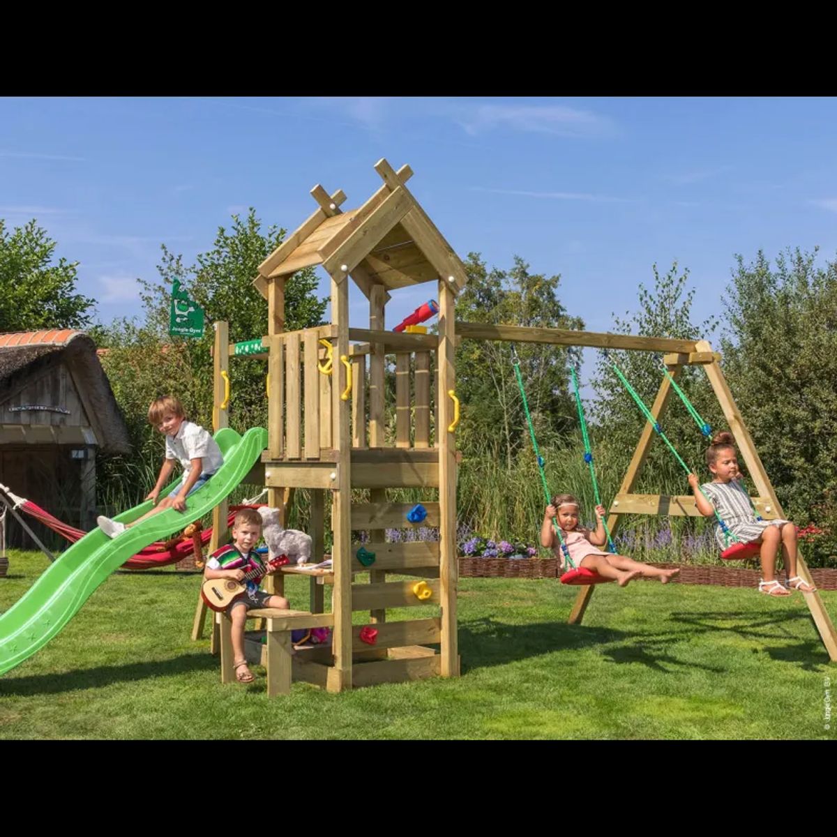 Jungle Gym Teepee legetårn komplet inkl. gyngemodul og grøn rutschebane 804-088S2G