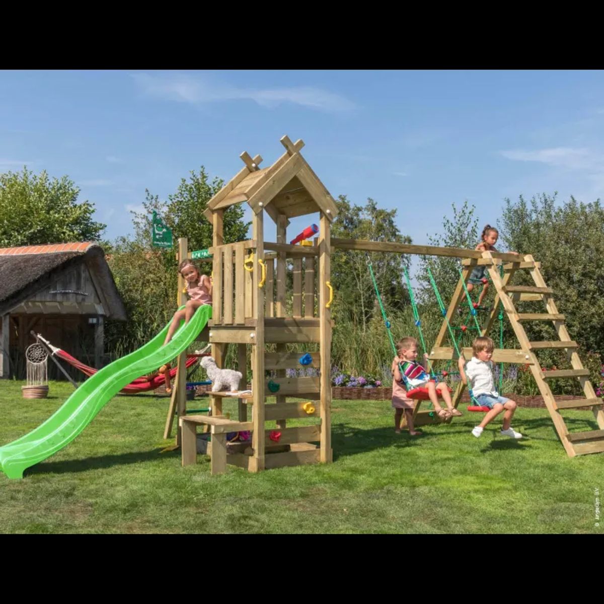 Jungle Gym Teepee legetårn komplet inkl. klatremodul og grøn rutschebane 804-088C2G