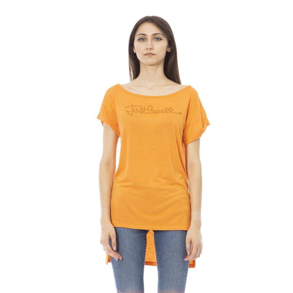 Just Cavalli Chic Orange Rhinestone Logo Tee