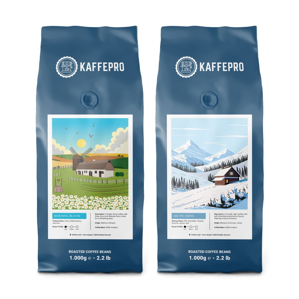 Kaffepro Signature Smagspakke - 1kg Morning Bloom & 1kg Arctic Shine - 2 x 1kg