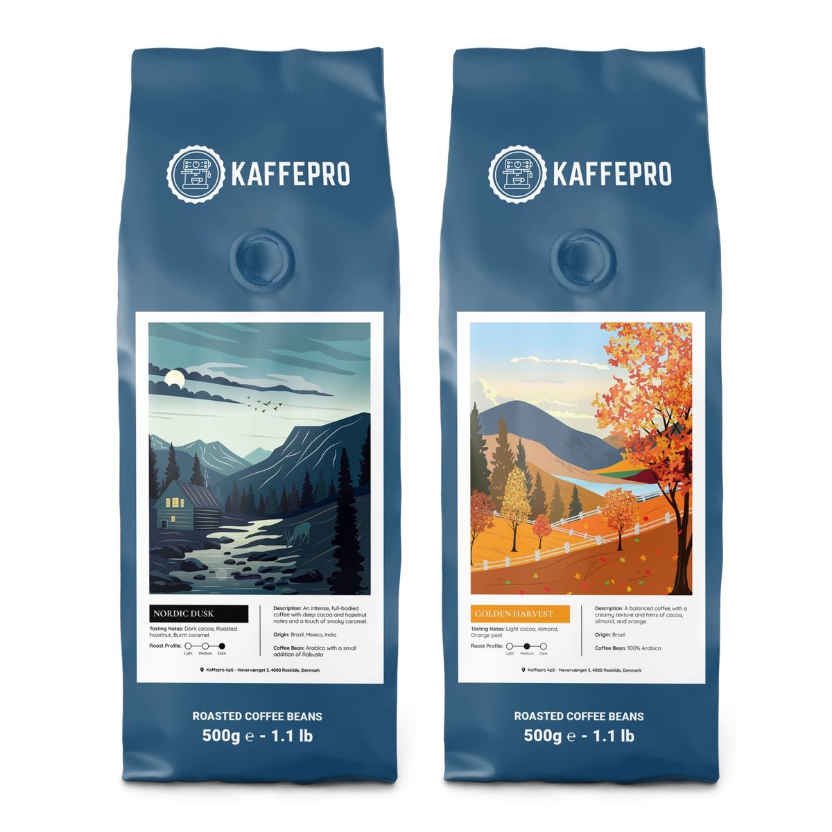 Kaffepro Signature Smagspakke - 500g Nordic Dusk & 500g Golden Harvest - 2 x 500g