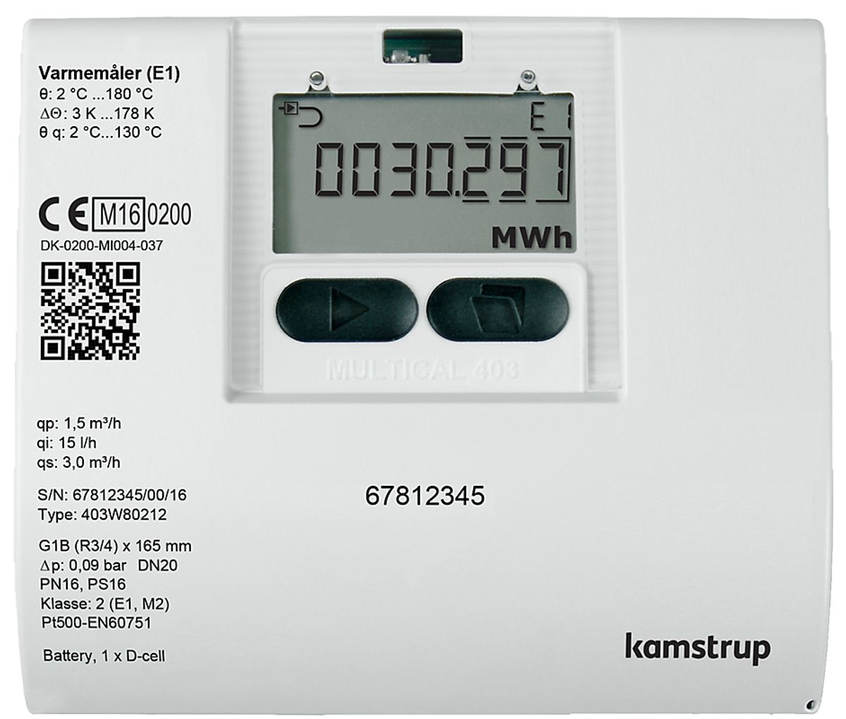 Kamstrup MULTICAL403 varmemåler 110mm x G3/4 ''B (R1/2'') retur eller fremløb. 0,6m3/h