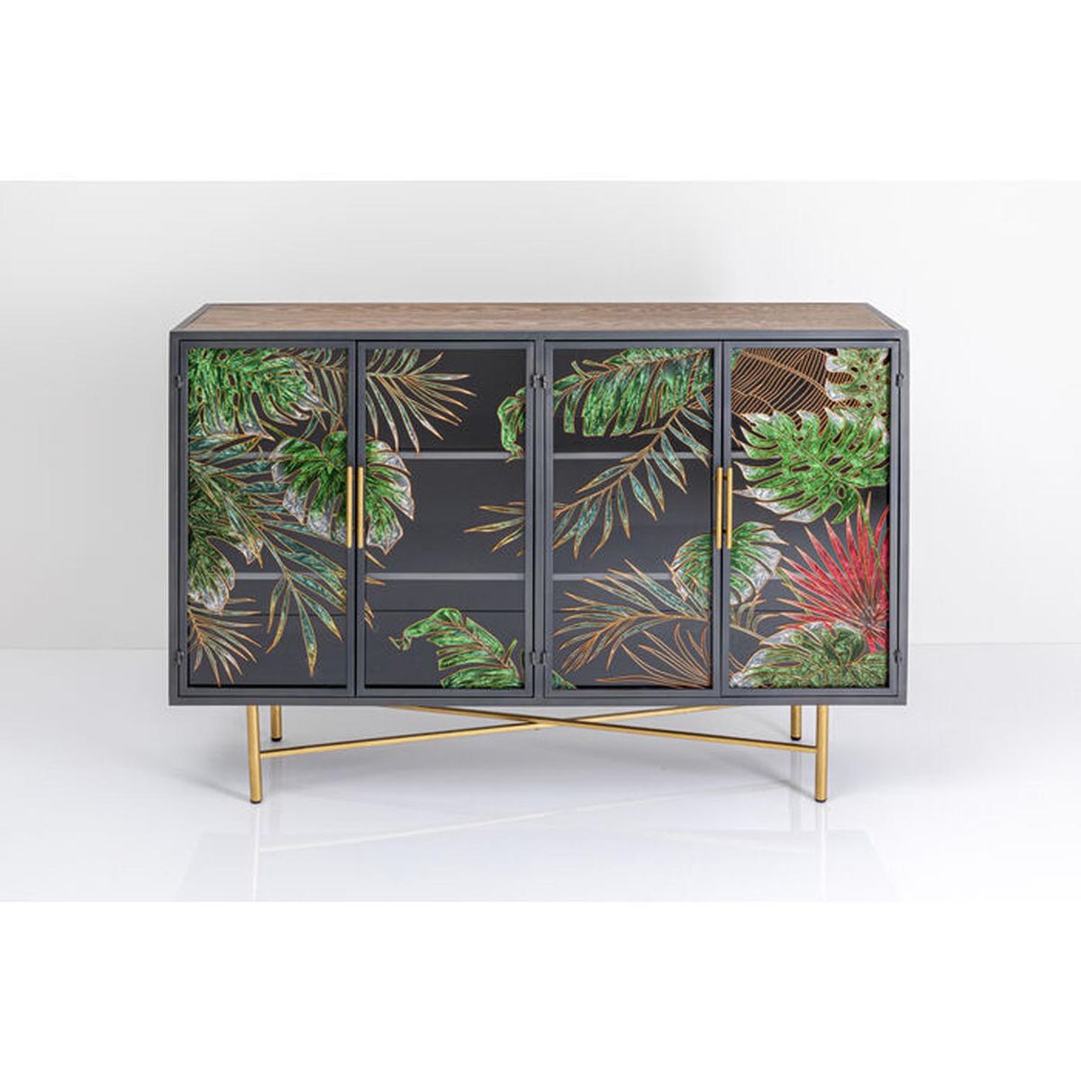 KARE DESIGN Jungle skænk, m. 4 låger - multifarvet glas, brun finér og stål (135x95)