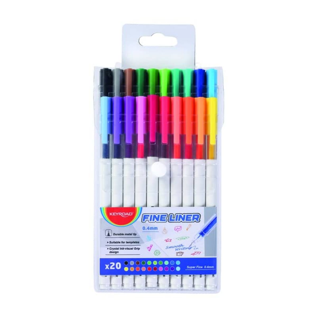 KEYROAD Fine Liner 0.4mm, krystalgrebszone, 20 farver/pr. pose, 1 pakke