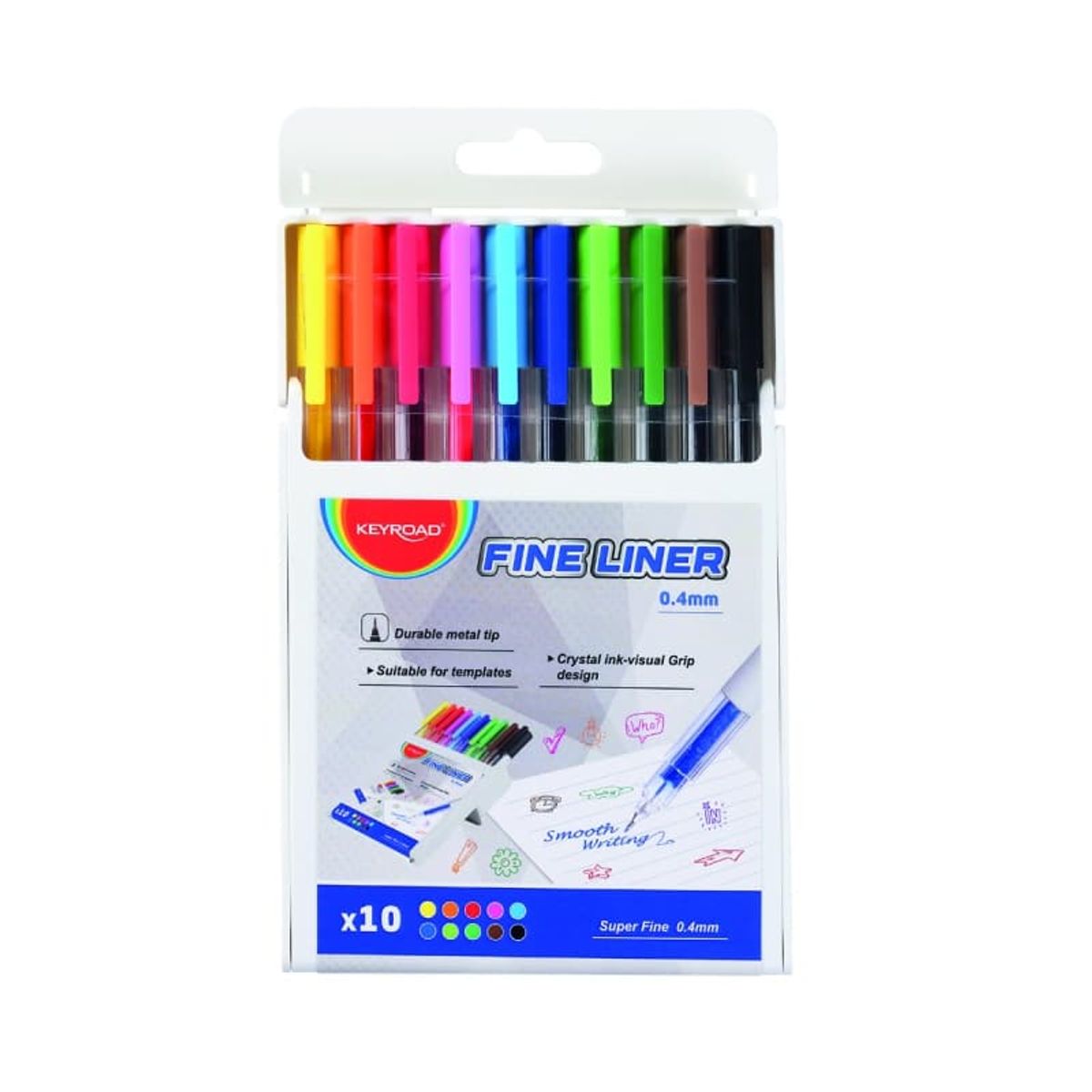 KEYROAD Fine Liner 0.4mm med krystalgreb, 10 farver i en foldbar plastikæske (penholderdesign), 1 pakke