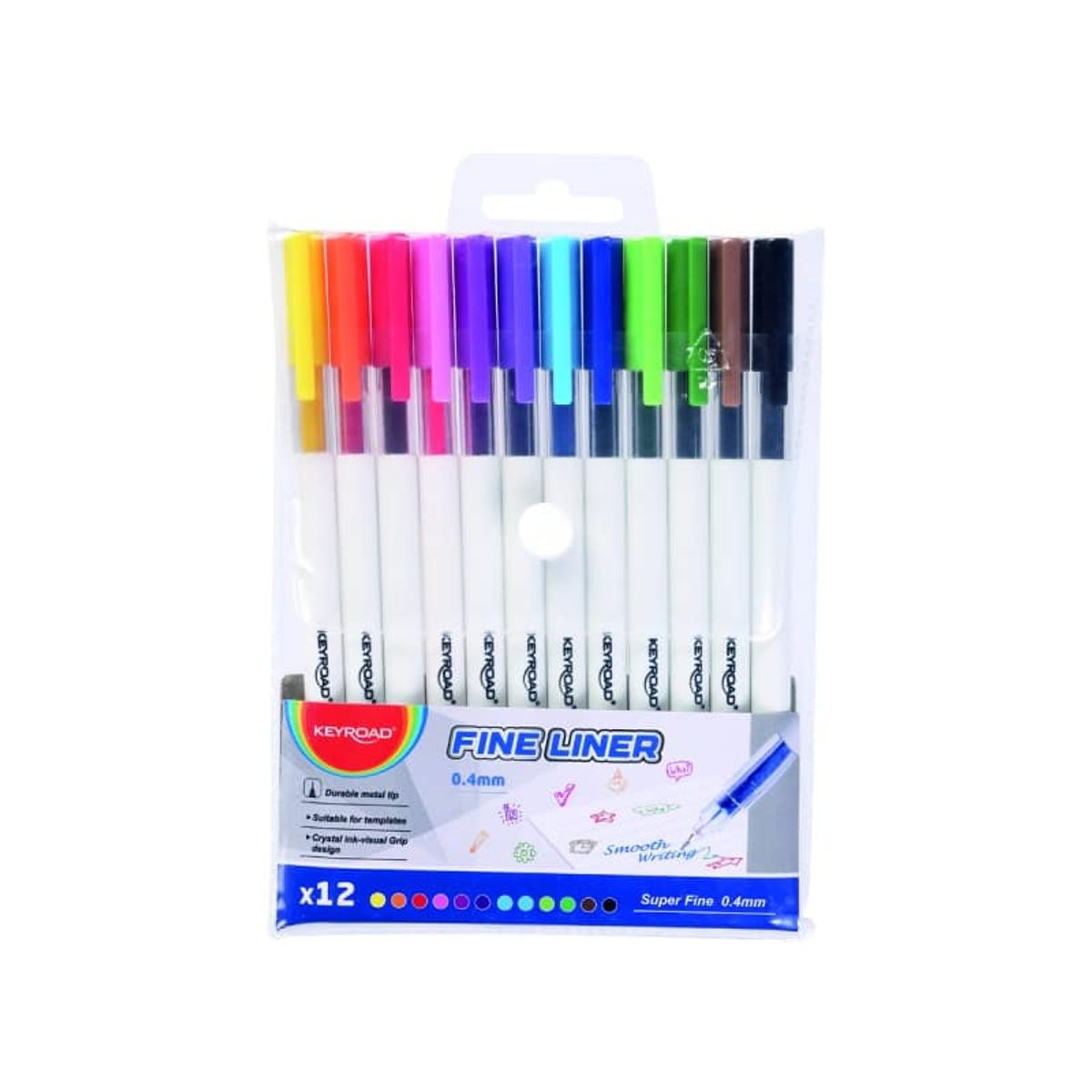 KEYROAD Fine Liner 0.4mm med krystalgrebszone, 12 farver/pr. pose, 1 pakke