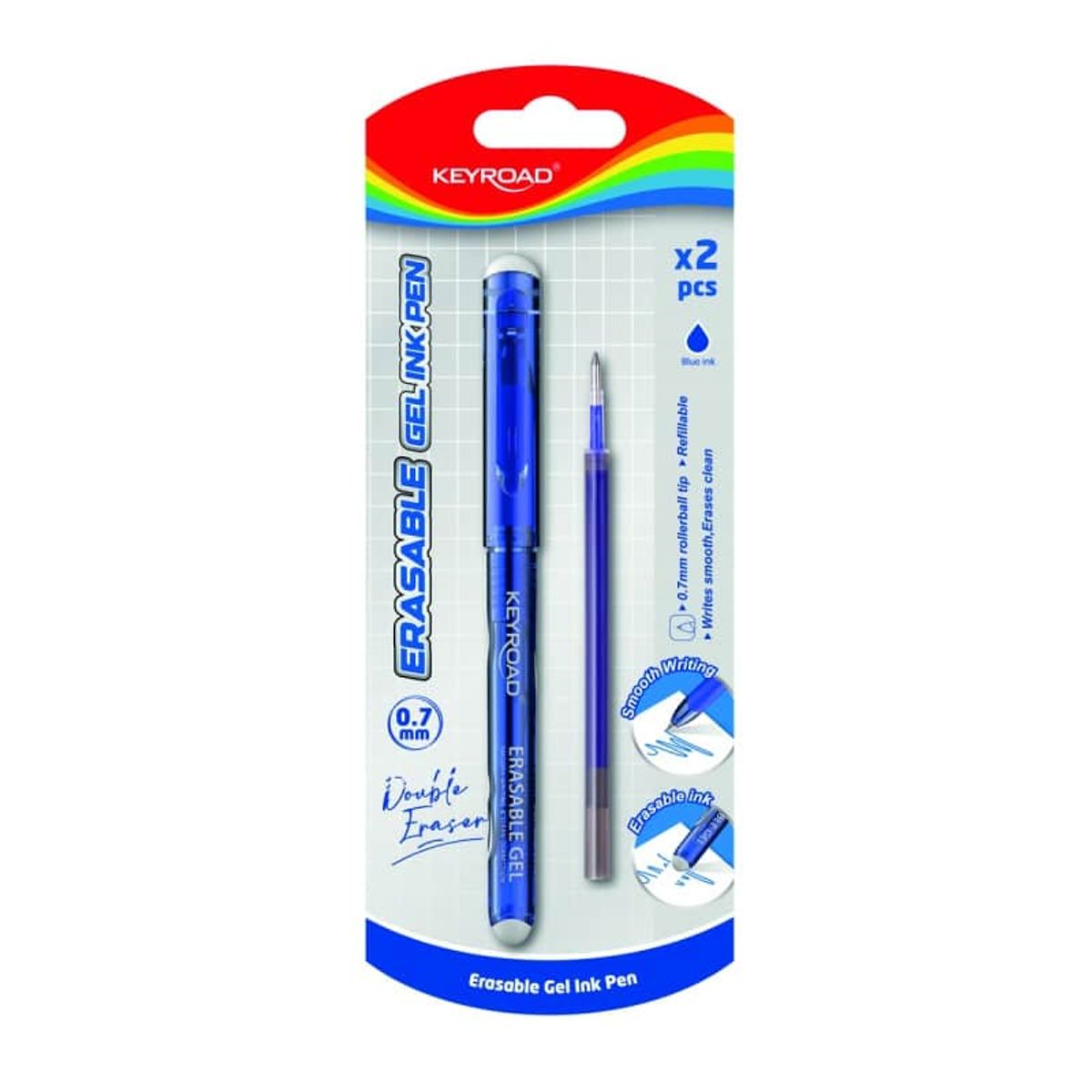 KEYROAD sletbare gelpen, blå, 0.7mm spids,. med 1 refill/blisterpakke.