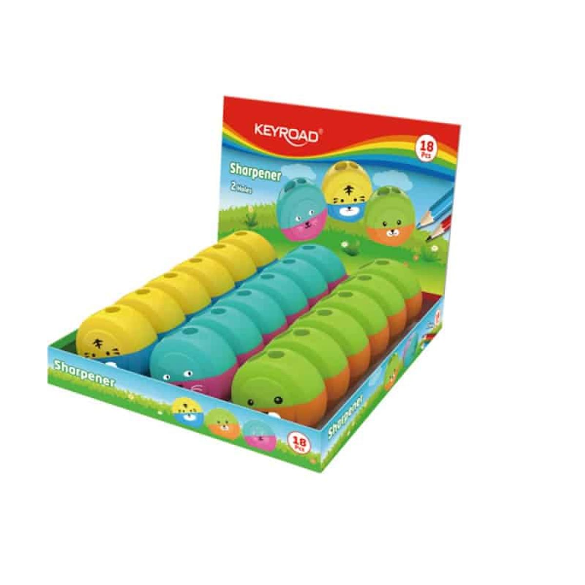 KEYROAD Speedy Snail blyantspidser, plastik, dobbelt, display, assorterede farver, 18 stk.