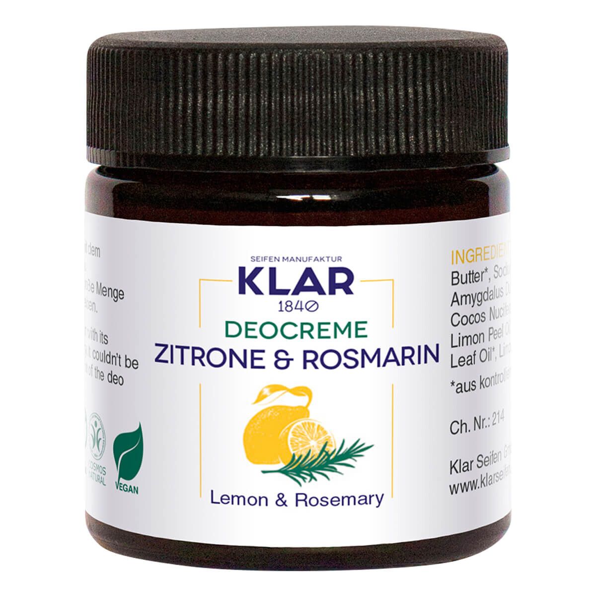 Klar Seifen Deodorant Creme, Citron & Rosmarin, 30 ml.