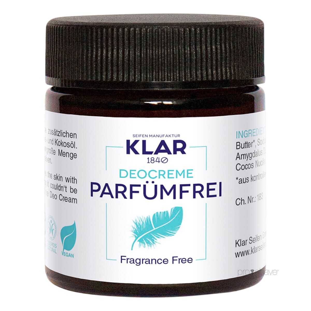 Klar Seifen Deodorant Creme, Parfumefri, 30 ml.