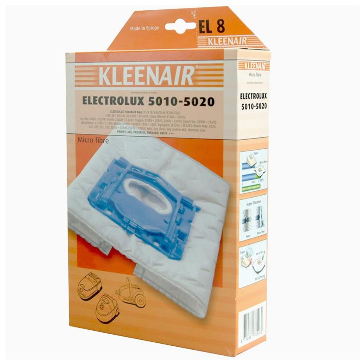 KLEENAIR EL8 støvsugerpose til Electrolux Z5000/S-Bag, 4 stk. + 1 filter