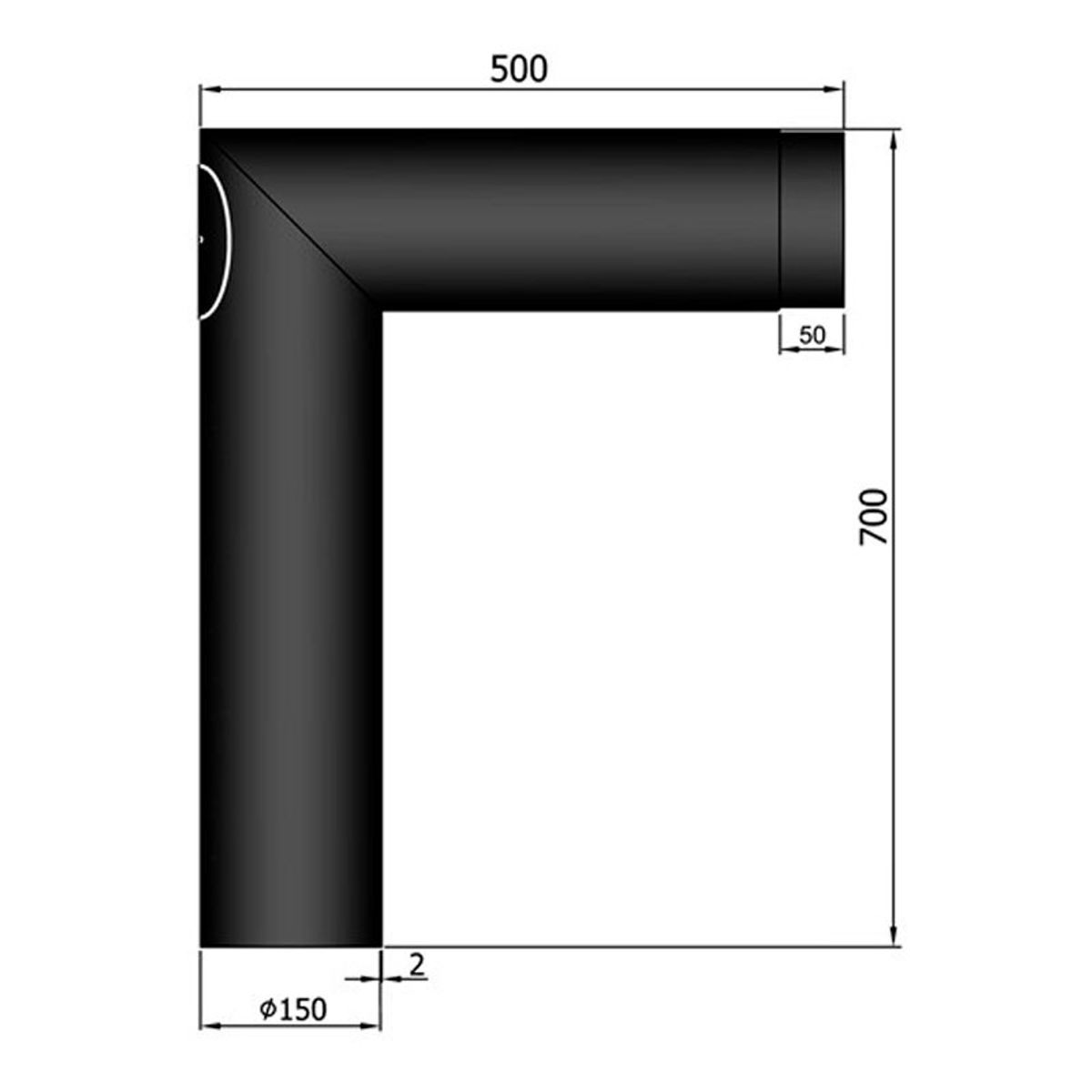 Knærør 90 ° m. Dør Ø150mm 700×500 mm - Sort