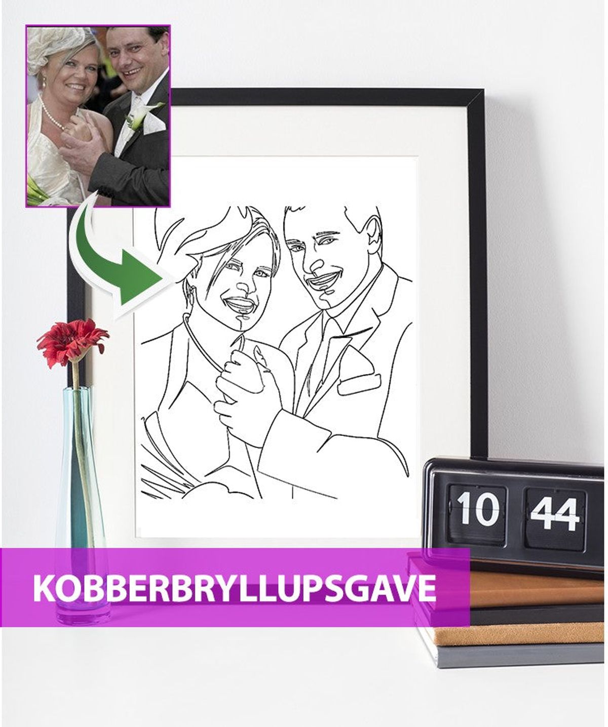 Kobberbryllupsgave - line art tegning efter dine fotos