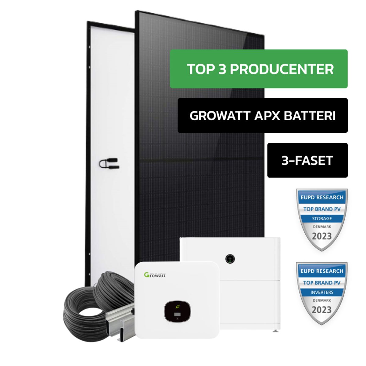 Komplet 10 kWp Growatt Hybrid solcelleanlæg med 5 kWh batteri til alle tagtyper