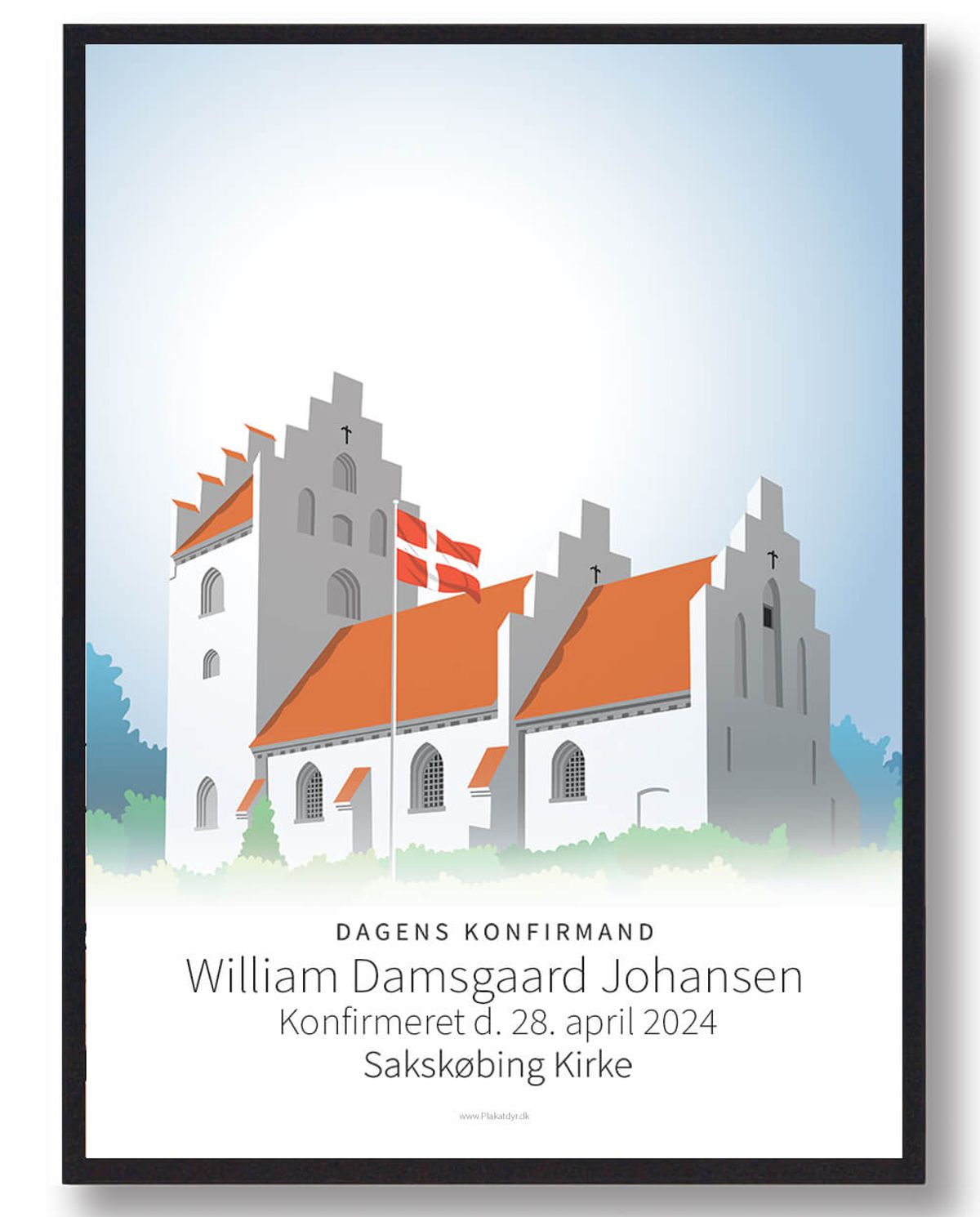 Konfirmationsplakat kirke - blålig baggrund (Størrelse: L - 50x70cm (B2))