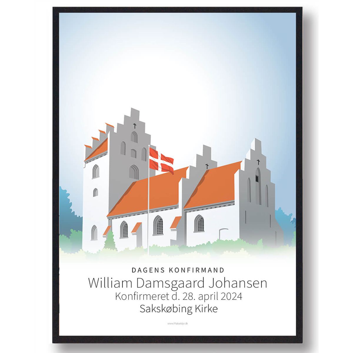 Konfirmationsplakat kirke - blålig baggrund (Størrelse: M - 30x40cm)