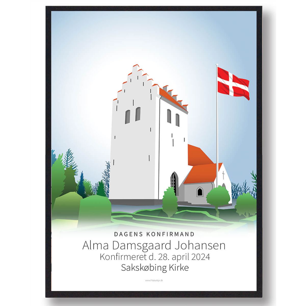 Konfirmationsplakat kirke - blålig baggrund (Størrelse: S - 21x29,7cm (A4))