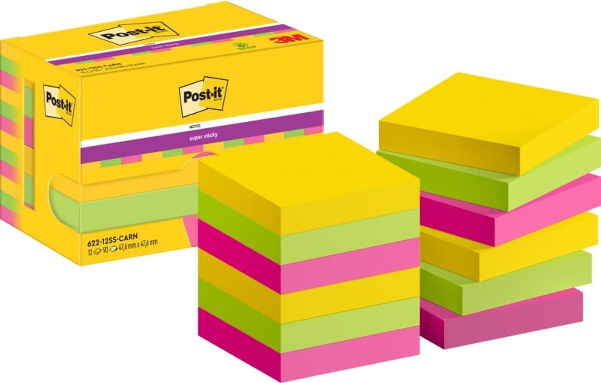 Kort POST-IT® Super Sticky, 47,6x47,6mm, 12x90 kort, Carnival palle.