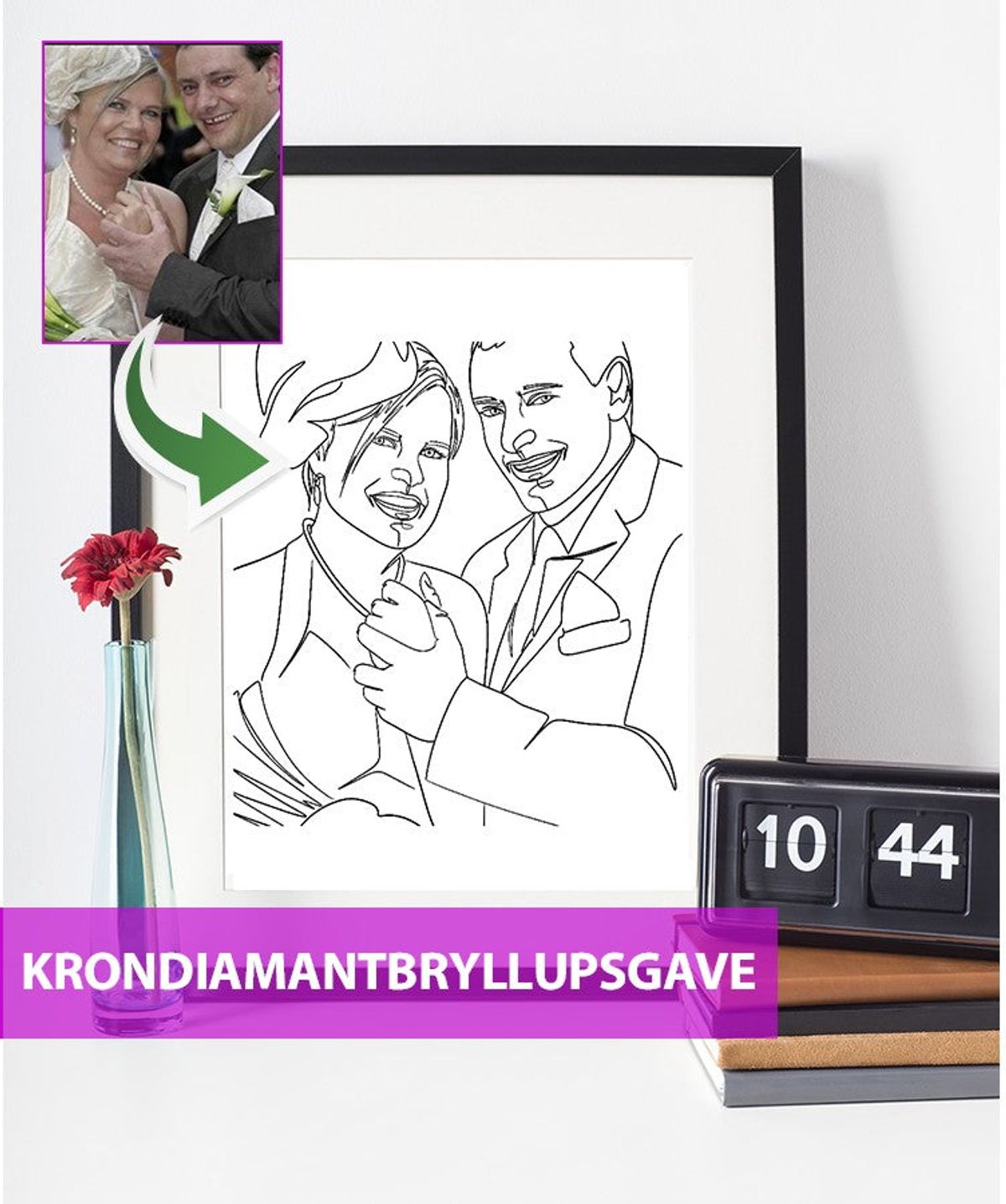 Krondiamantbryllupsgave - line art tegning efter dine fotos