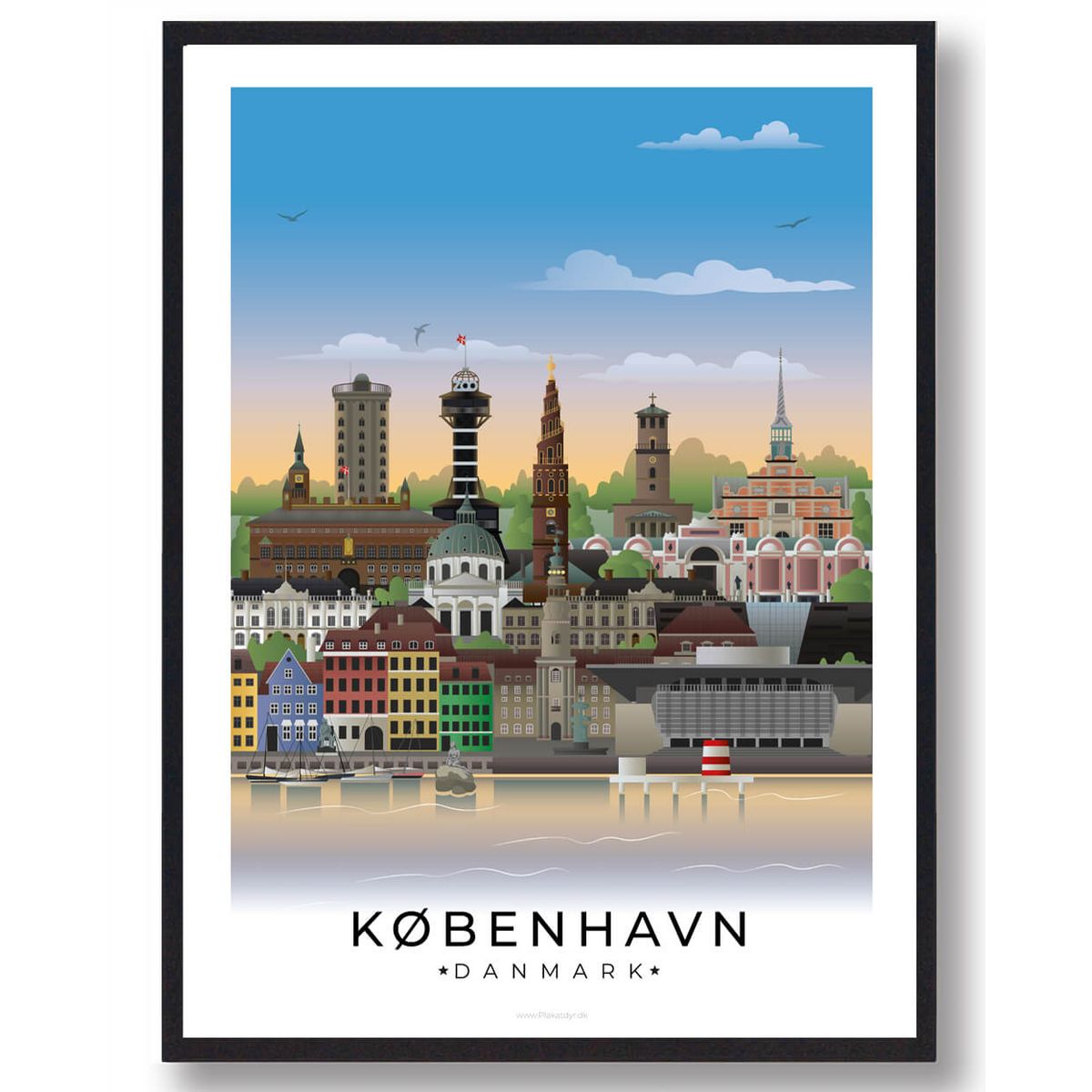 København byplakat med hvid kant (RESTPARTI) (Størrelse: M - 30x40cm)