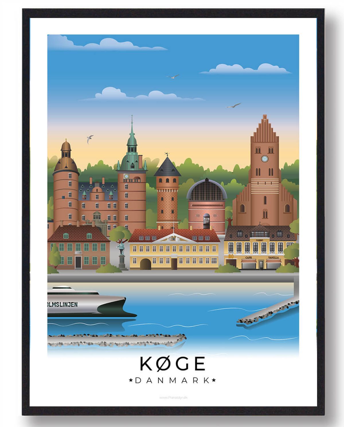 Køge byplakat med hvid kant (RESTPARTI) (Størrelse: M - 30x40cm)