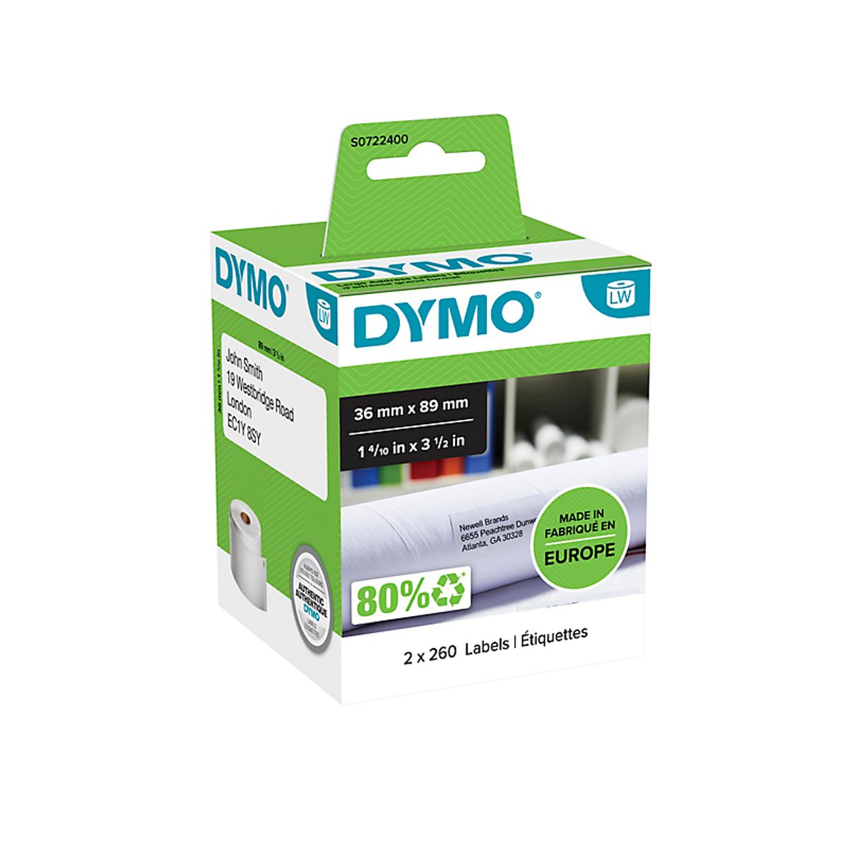 Labeletiketter Til Dymo 550 36X89Mm (2Rlx260Stk)