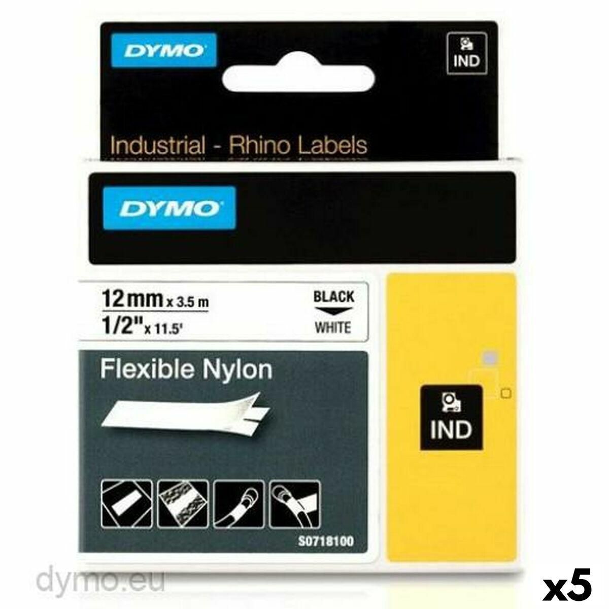 Lamineret tape til mærkningsmaskiner Rhino Dymo ID1-12 12 x 3,5 mm Sort Hvid Auto selvklæbende (5 enheder)