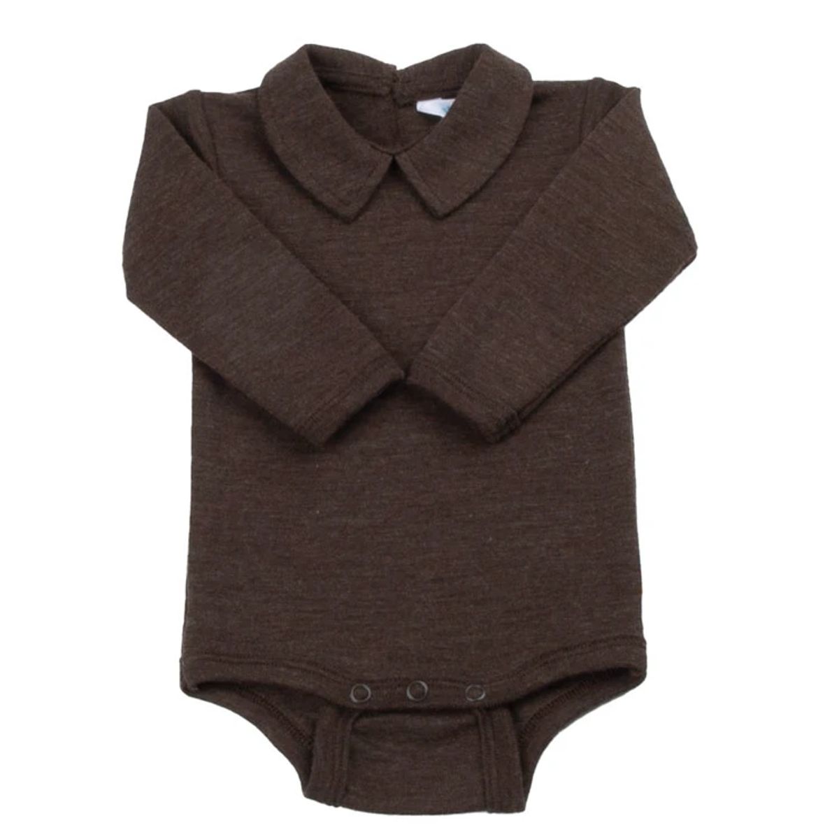 Langærmet body med krave i brun 100% merino uld