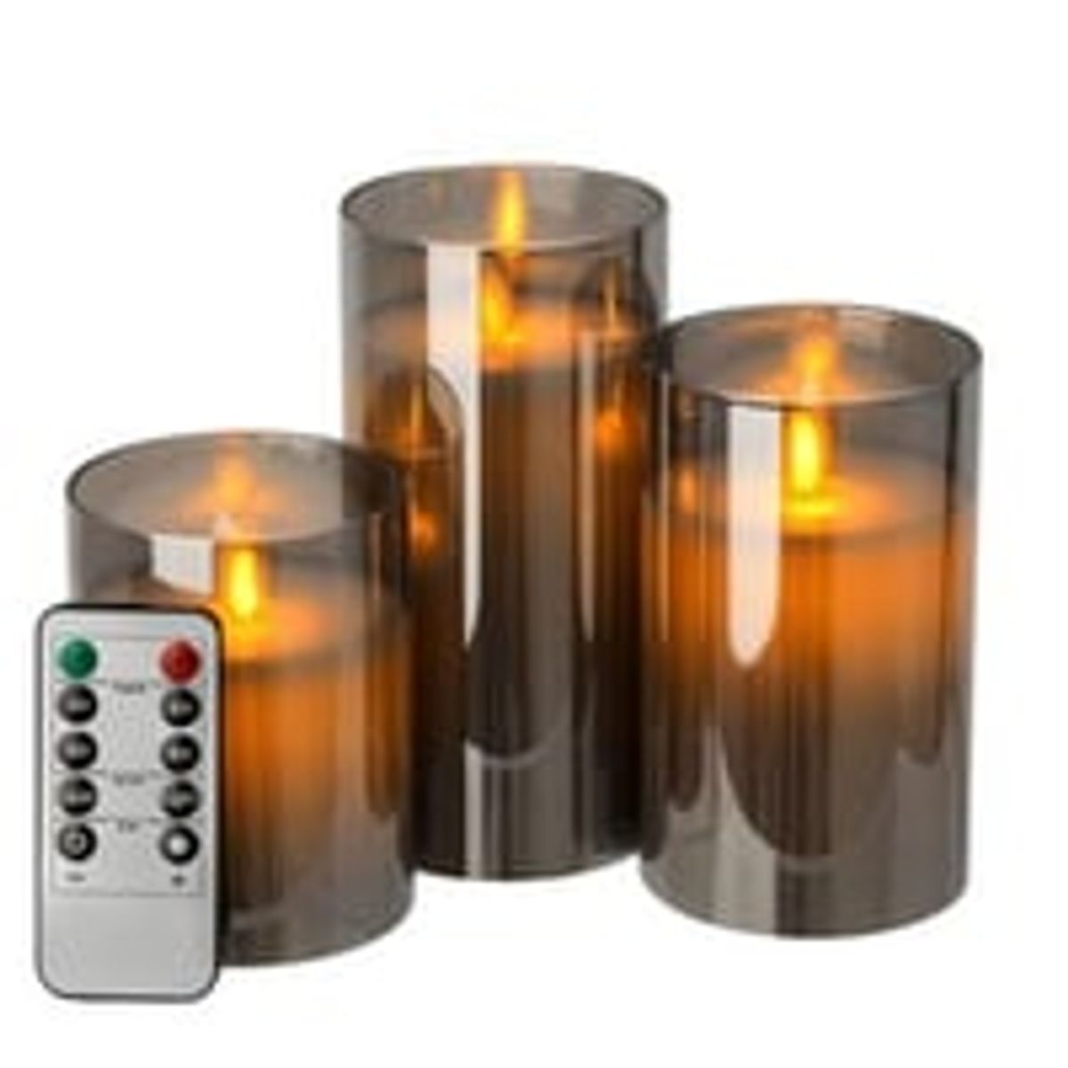 LED Bloklys i rgfarvet glas 7,5cm, 3 stk, flammeeffekt - m. fjernbetjening & timer, hjde 10/12,5/15cm, gte stearin