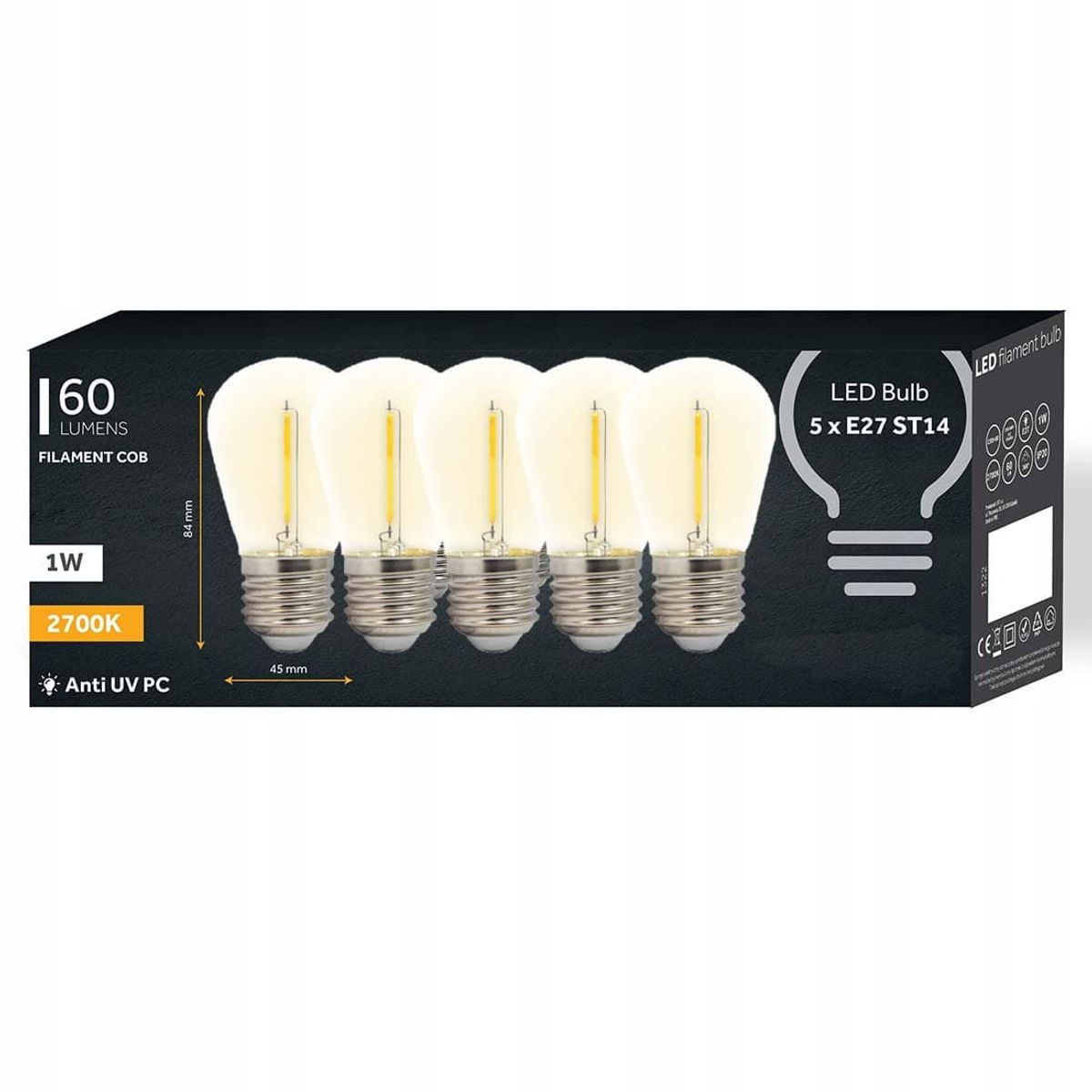 LED Pærer - Plastskærm - 5 stk. pakke - E27 Filament - 1W - (1322)