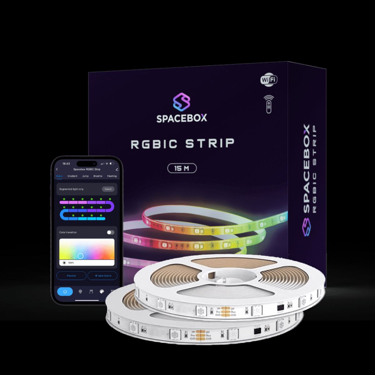 LED Strip 15M - RGBIC - WiFi App Kontrol - Coated (IP65) - Spacestrip - SPACEBOX