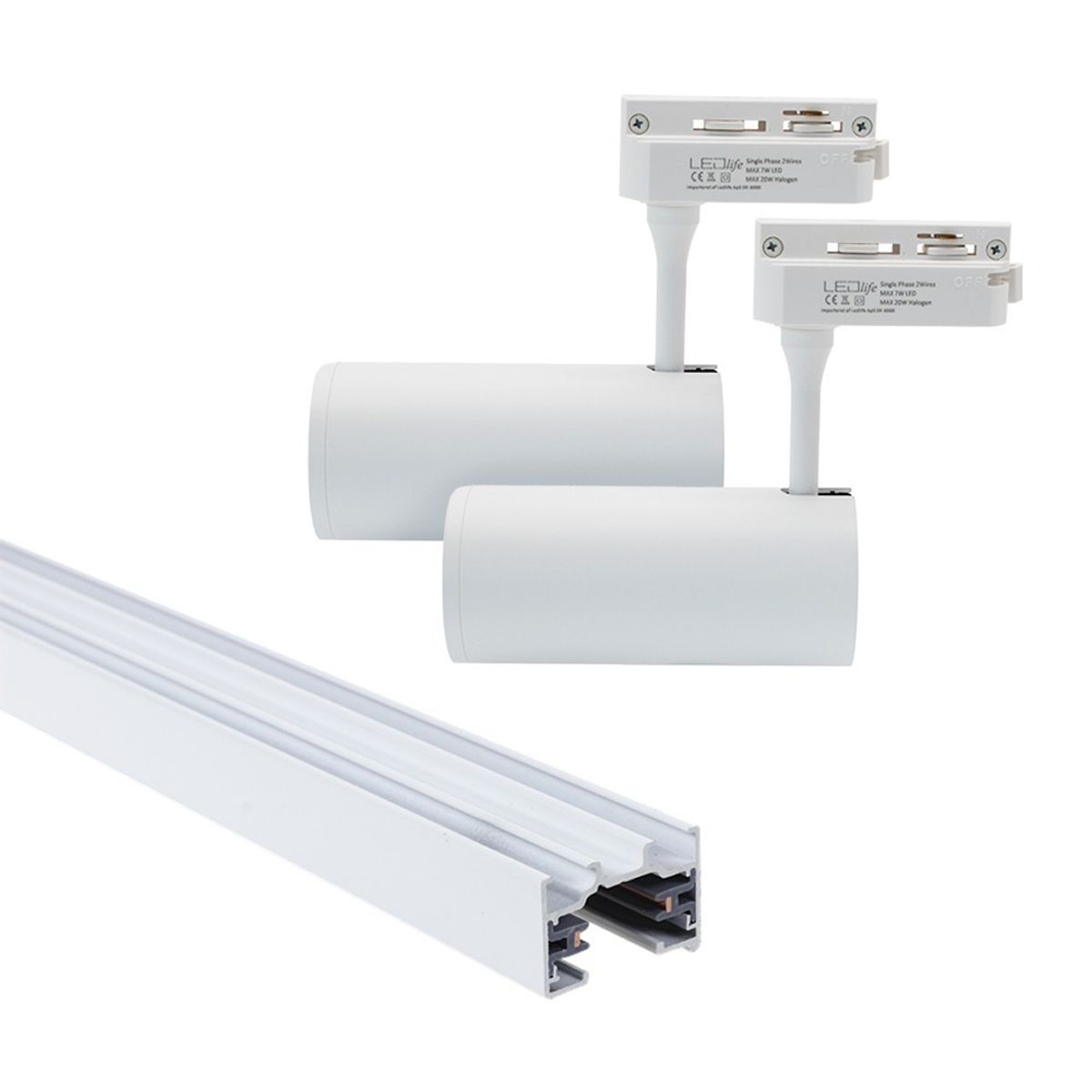 LEDlife SLIM 1 meter skinne til skinnespots - Hvid, inklusiv 2 stk. hvide SLIM skinnespot, komplet sæt - Farve : Hvid