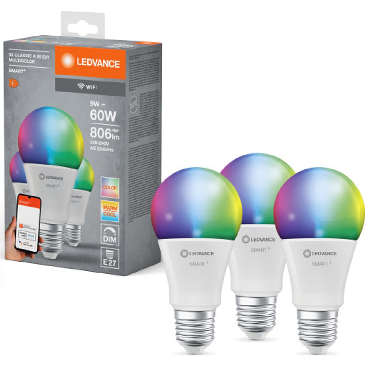 Ledvance Smart+ Standard 9W/RGB+827-865 806lm E27 mat WF 3-pak