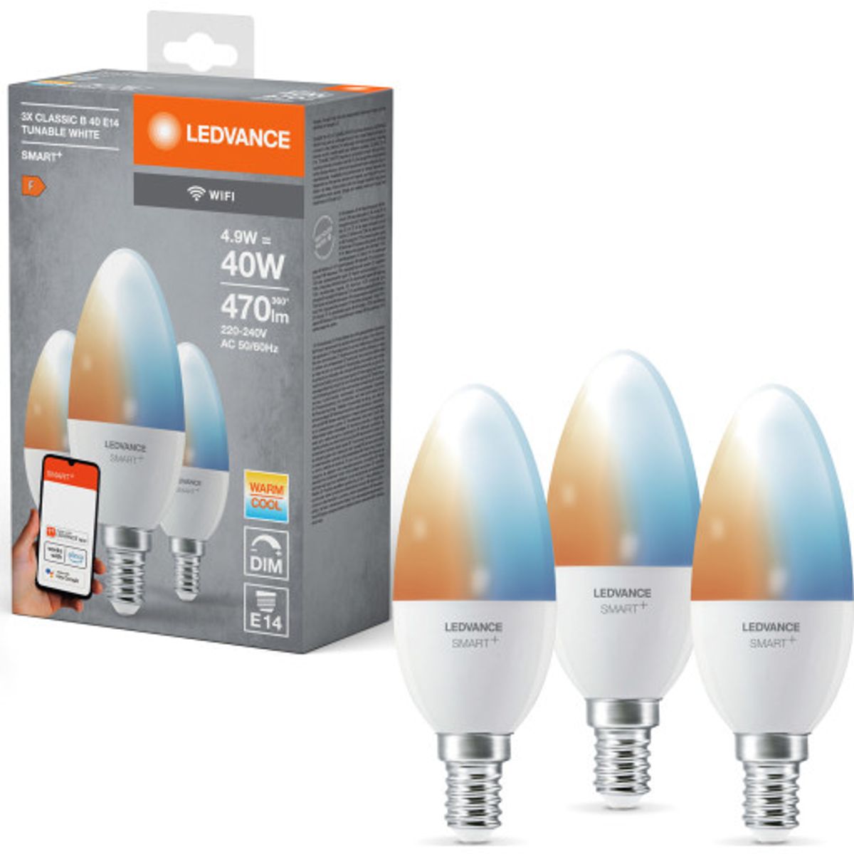 Ledvance Smart+ Wifi E14 kertepære, 2700K-6500K, 4,9W, 3-pak