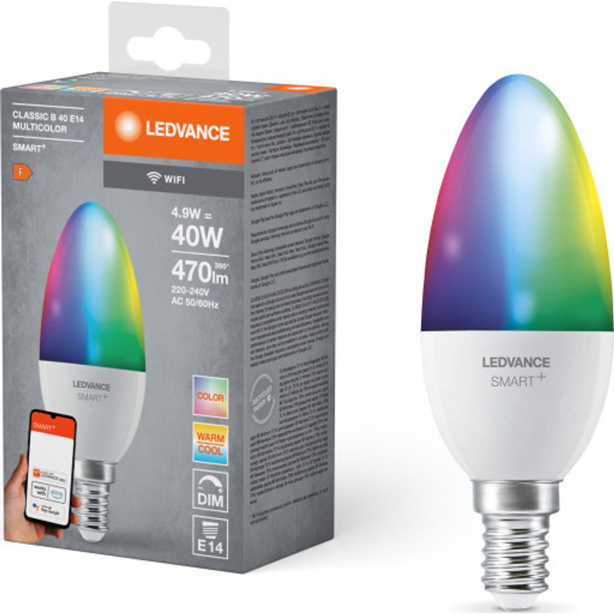 Ledvance Smart+ Wifi E14 kertepære, farveskift + justerbar hvid, 4,9W, 1-pak