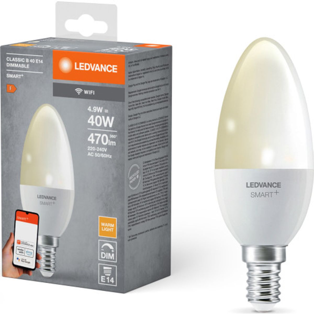 Ledvance Smart+ Wifi E14 kertepære, hvid lysfarve, 4,9W