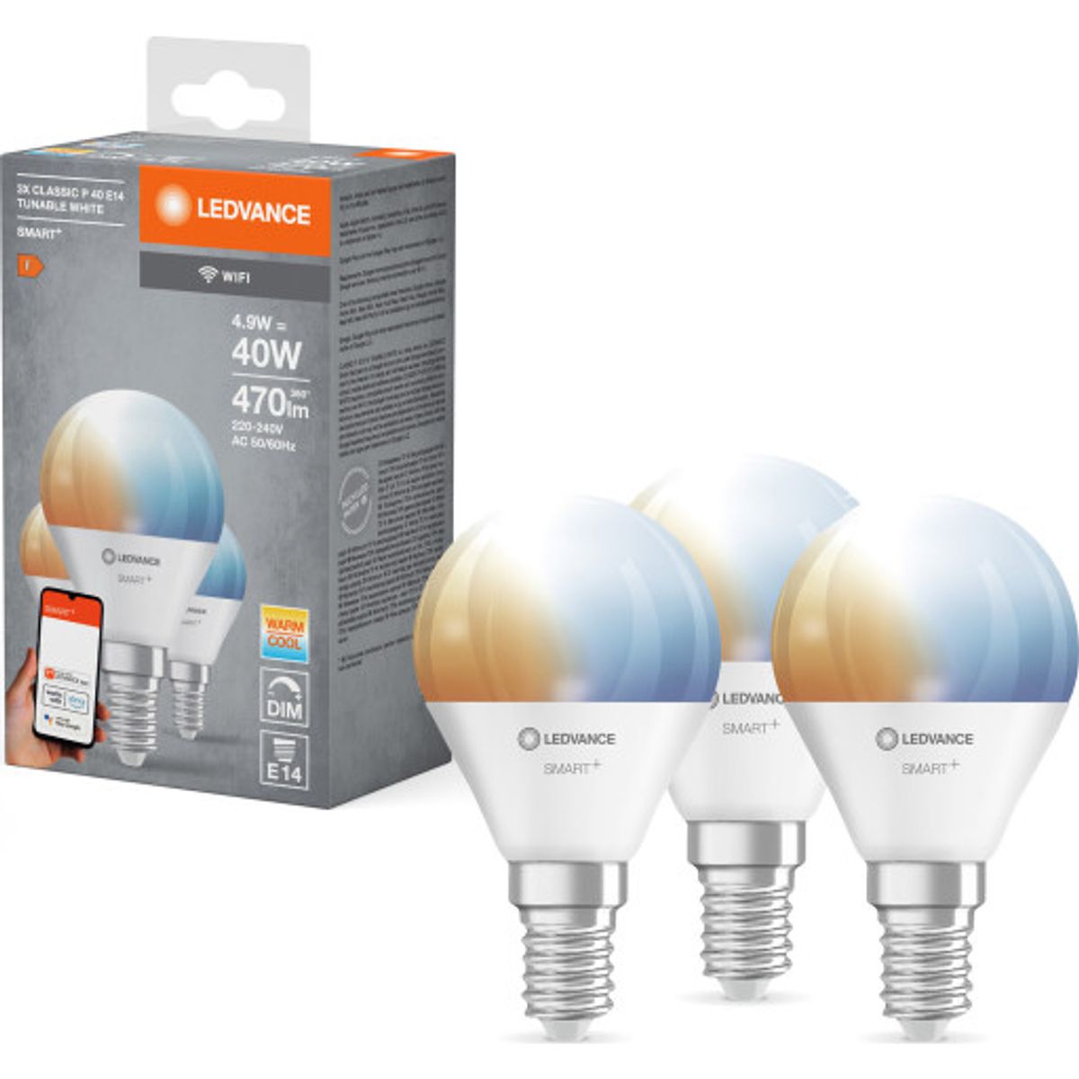 Ledvance Smart+ Wifi E14 kronepære, 2700K-6500K, 4,9W, 3-pak