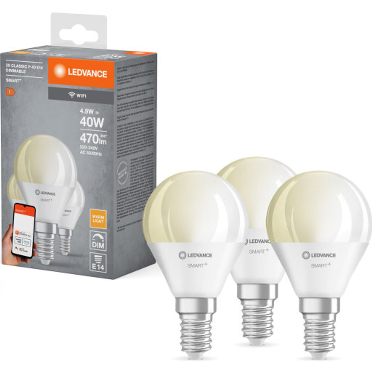 Ledvance Smart+ Wifi E14 kronepære, hvid lysfarve, 4,9W, 3-pak