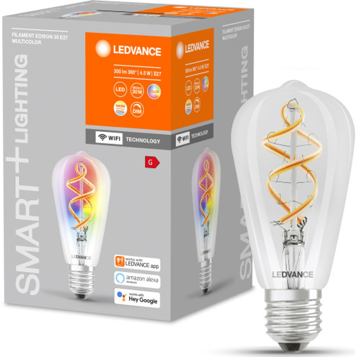 Ledvance Smart+ Wifi E27 edisonpære, farveskift + hvid, 4,5W