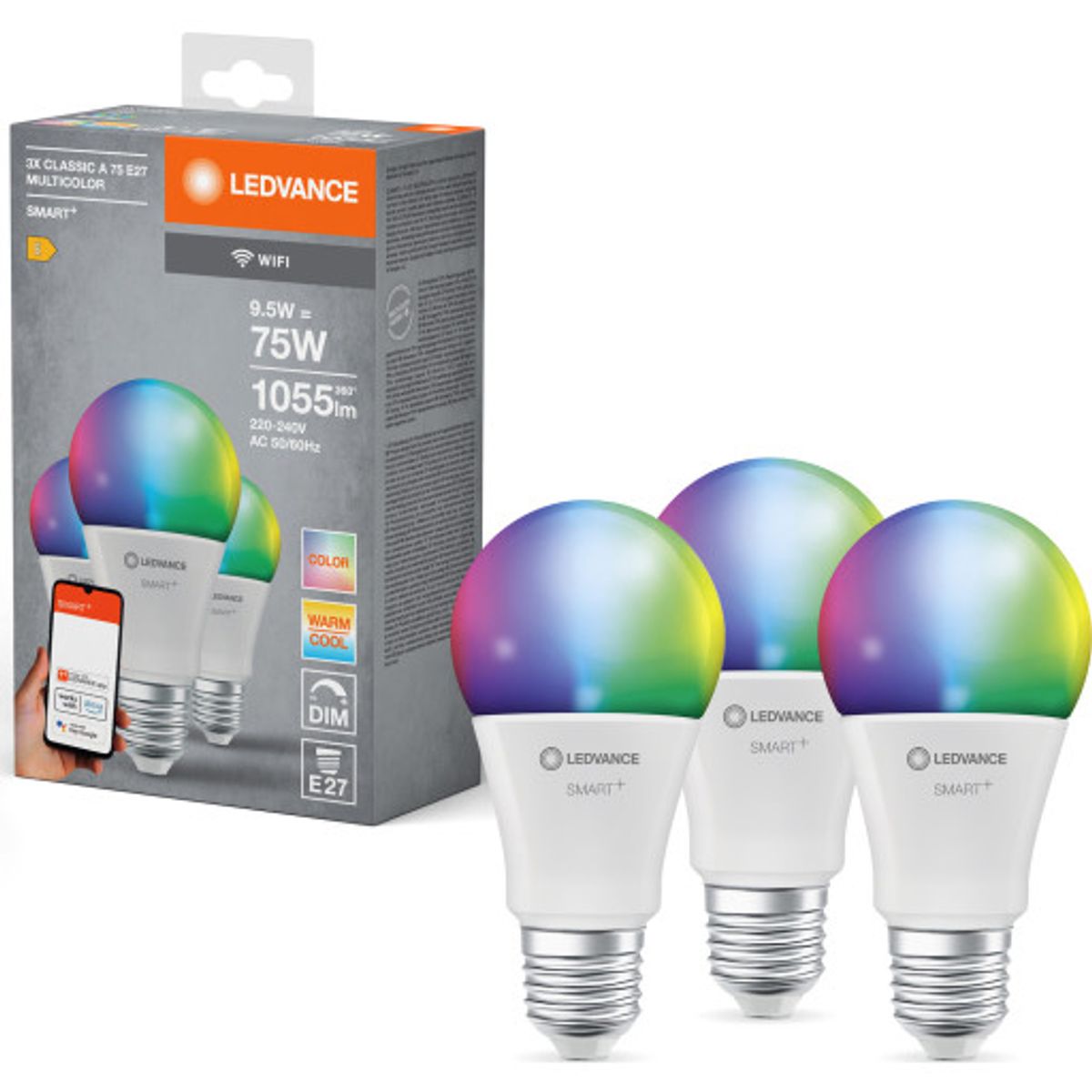 Ledvance Smart+ Wifi E27 standardpære, 2700K-6500K, 9,5W, 3-pak