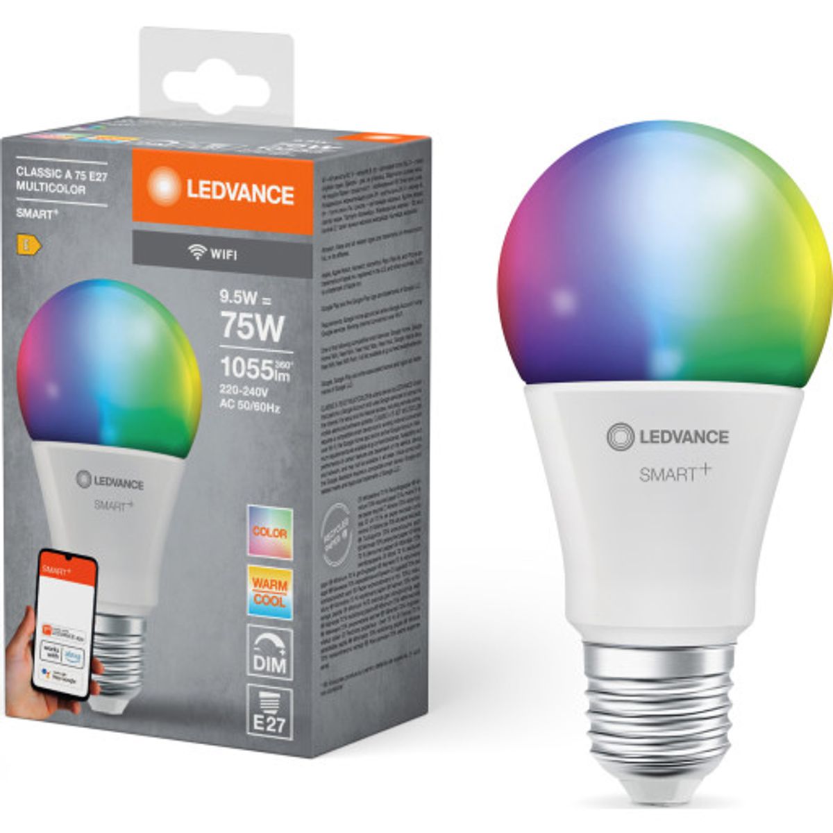 Ledvance Smart+ Wifi E27 standardpære, farveskift + justerbar hvid, 9,5W