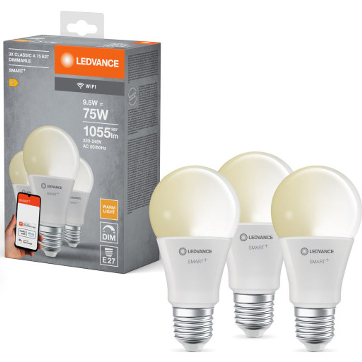 Ledvance Smart+ Wifi E27 standardpære, hvid lysfarve, 9,5W, 3-pak