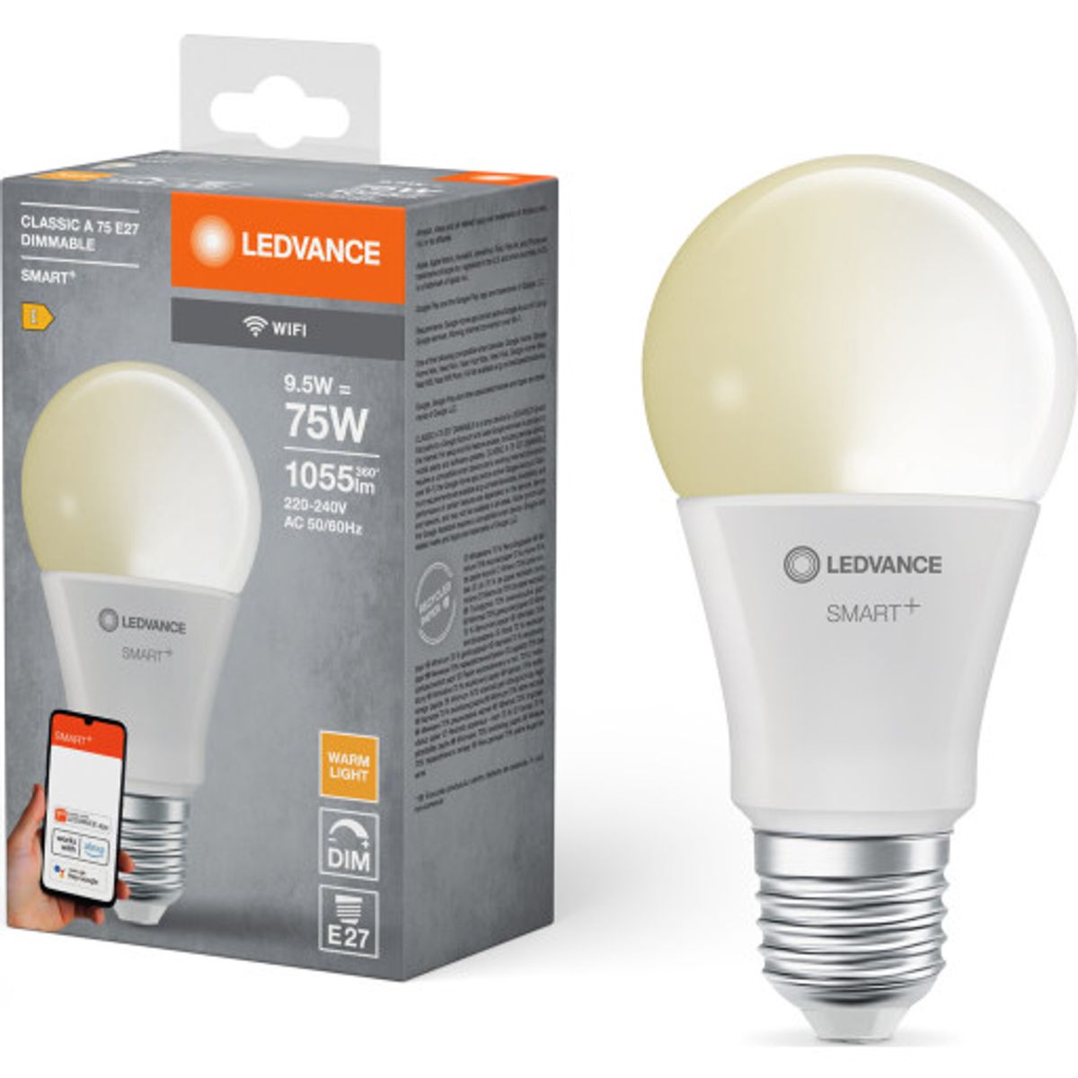 Ledvance Smart+ Wifi E27 standardpære, hvid lysfarve, 9,5W