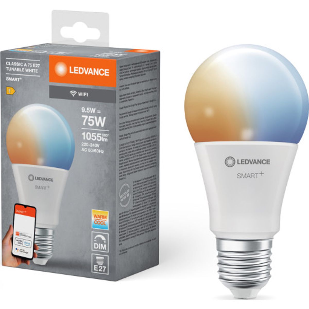 Ledvance Smart+ Wifi E27 standardpære, justerbar hvid, 9,5W, 1-pak