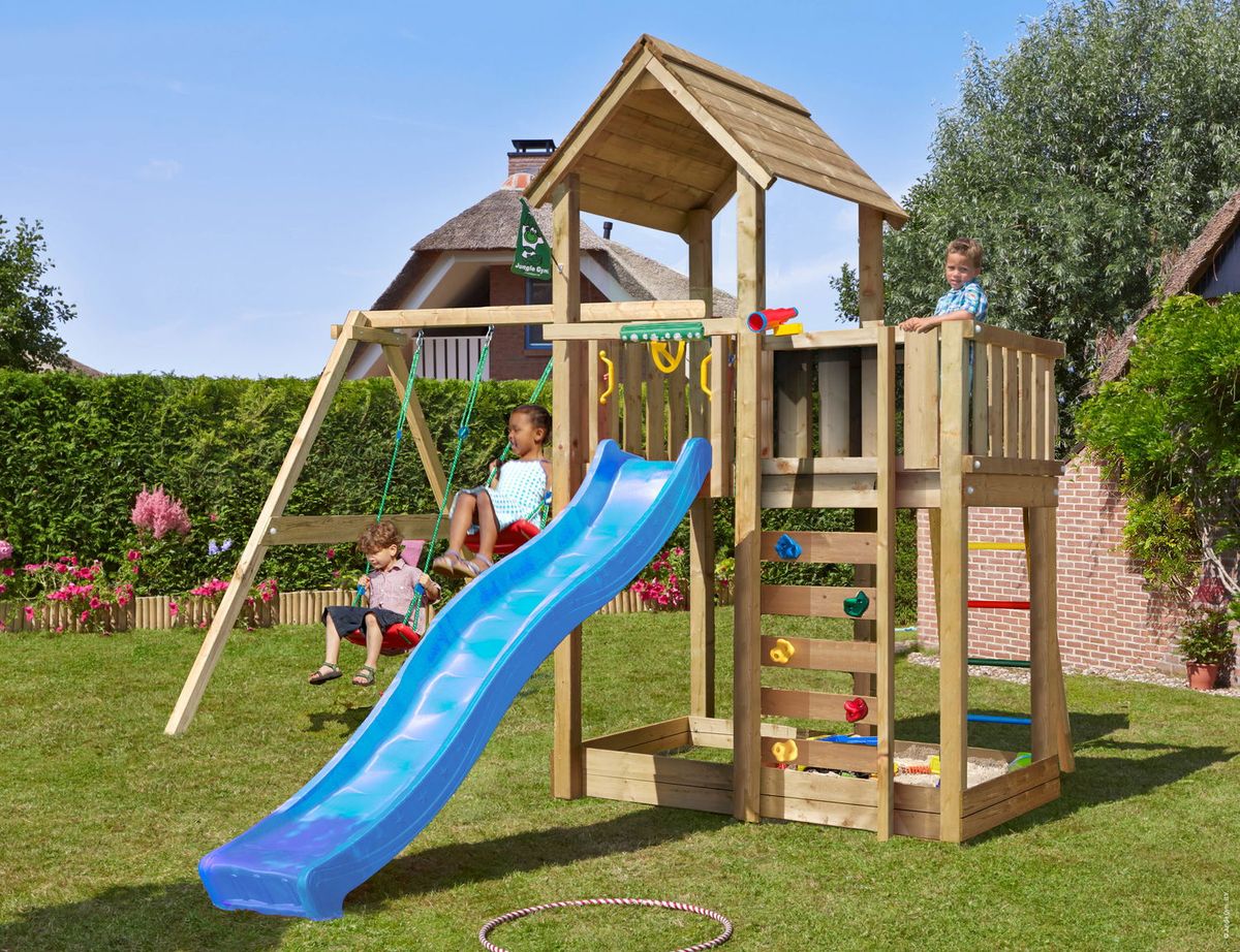 Legetårn Jungle Gym Mansion 2.1 m/2-Swing Module 220, blå rutsjebane og 120 kg sand