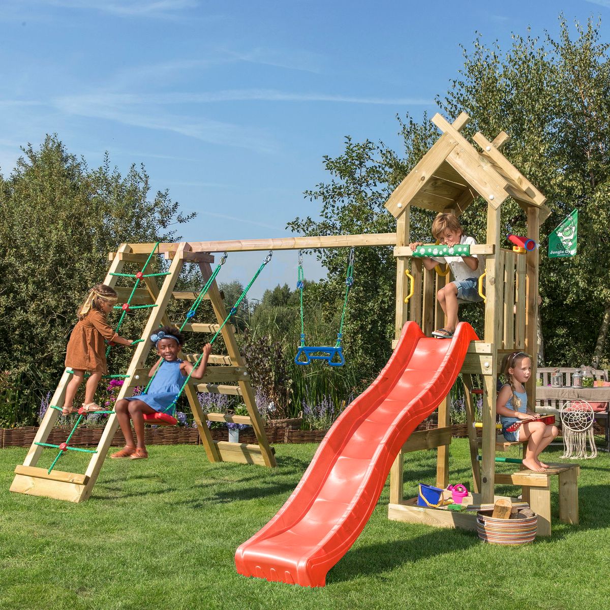 Legetårn Jungle Gym Totem m/2-Climb Module 200 og rød rutschebane