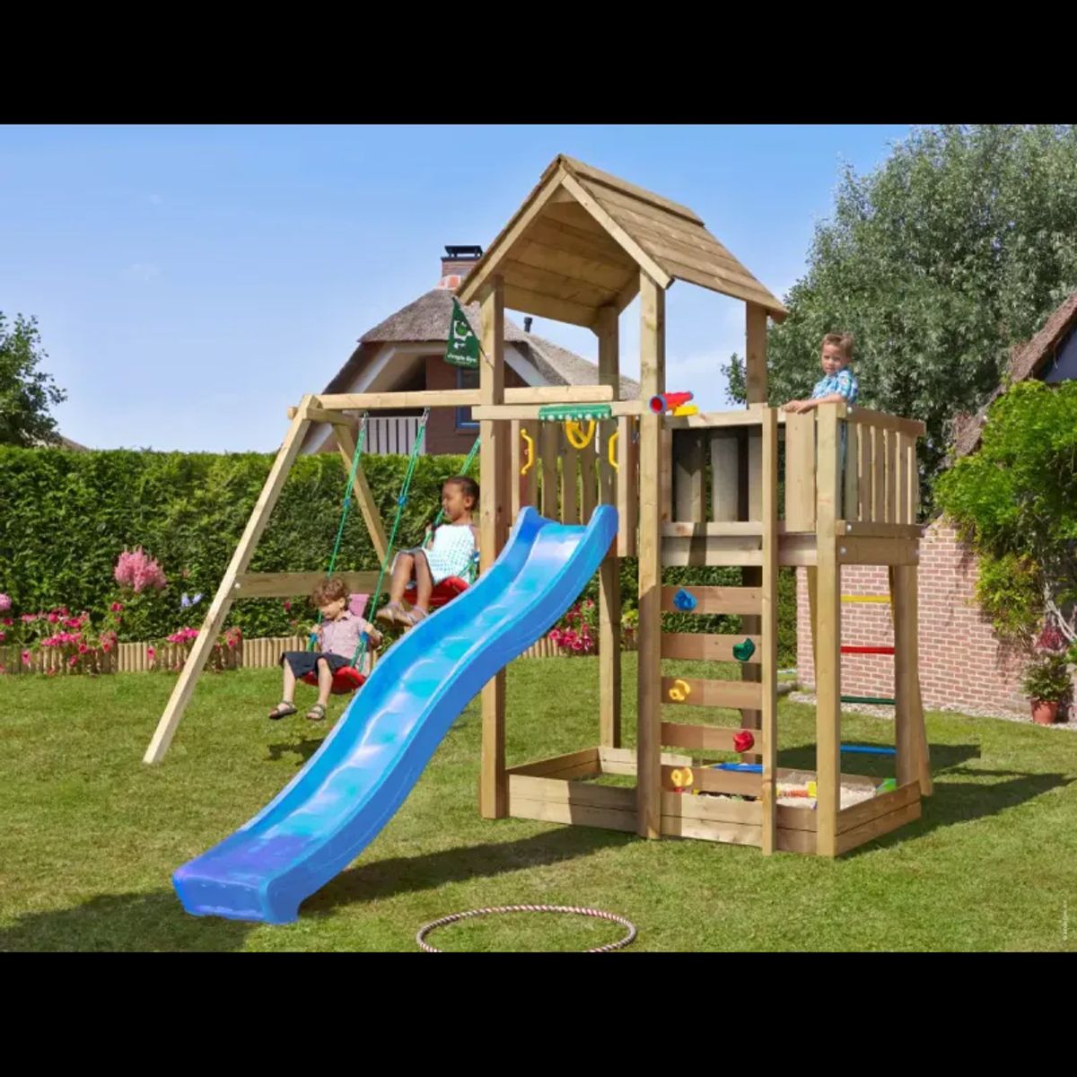 Legetårn komplet Jungle Gym Mansion 2.1 inkl. Swing modul, 120 kg sand og blå rutsjebane