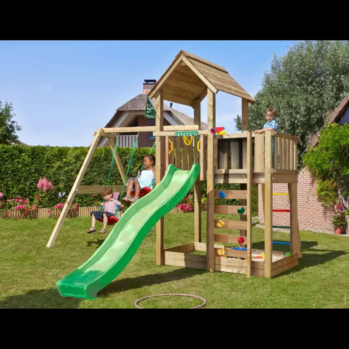 Legetårn komplet Jungle Gym Mansion 2.1 inkl. Swing modul, 120 kg sand og grøn rutsjebane