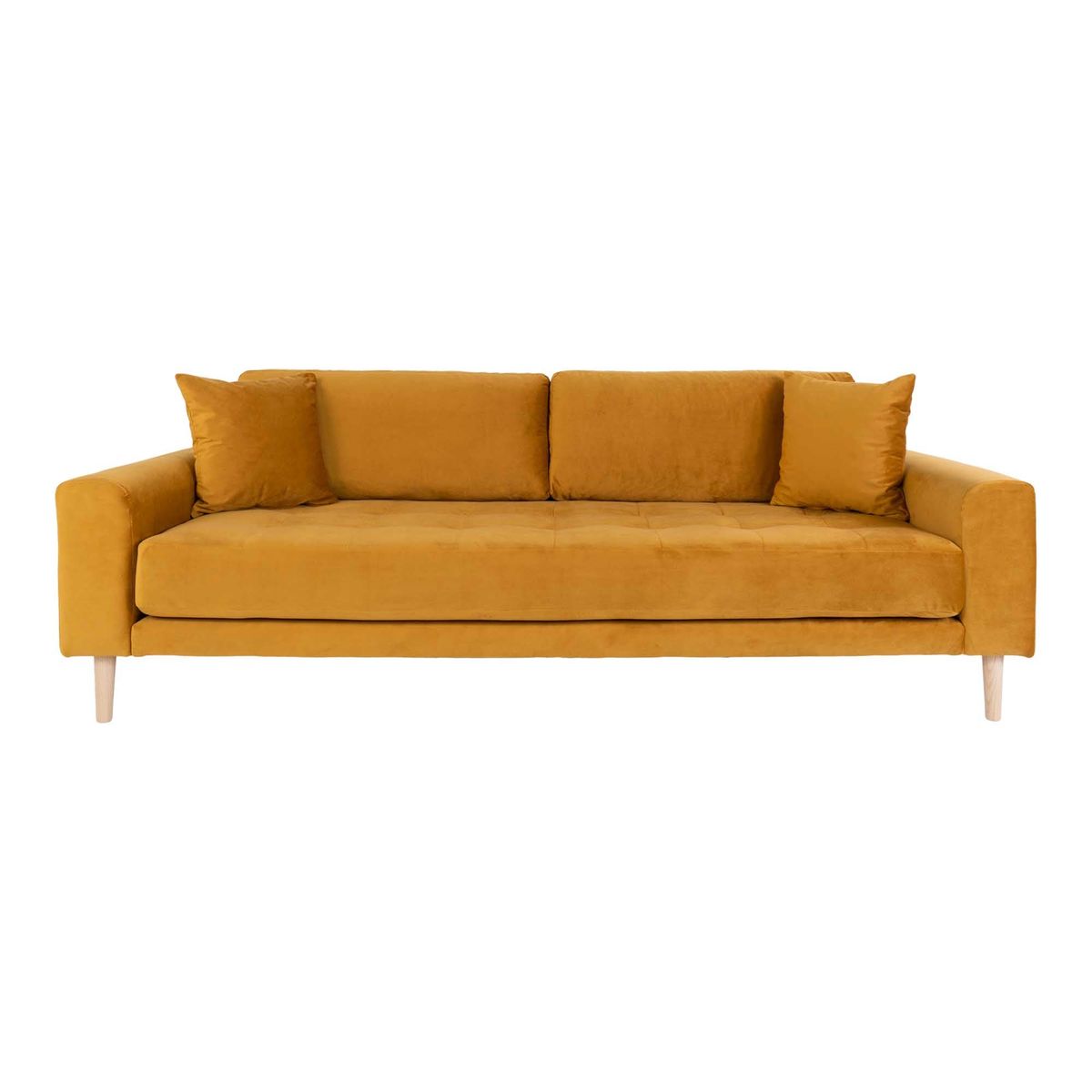 Lido 3 Personers Sofa - 3 Personers Sofa, Sennepsgul Velour Med To Puder Og Natur Træben, Hn1004